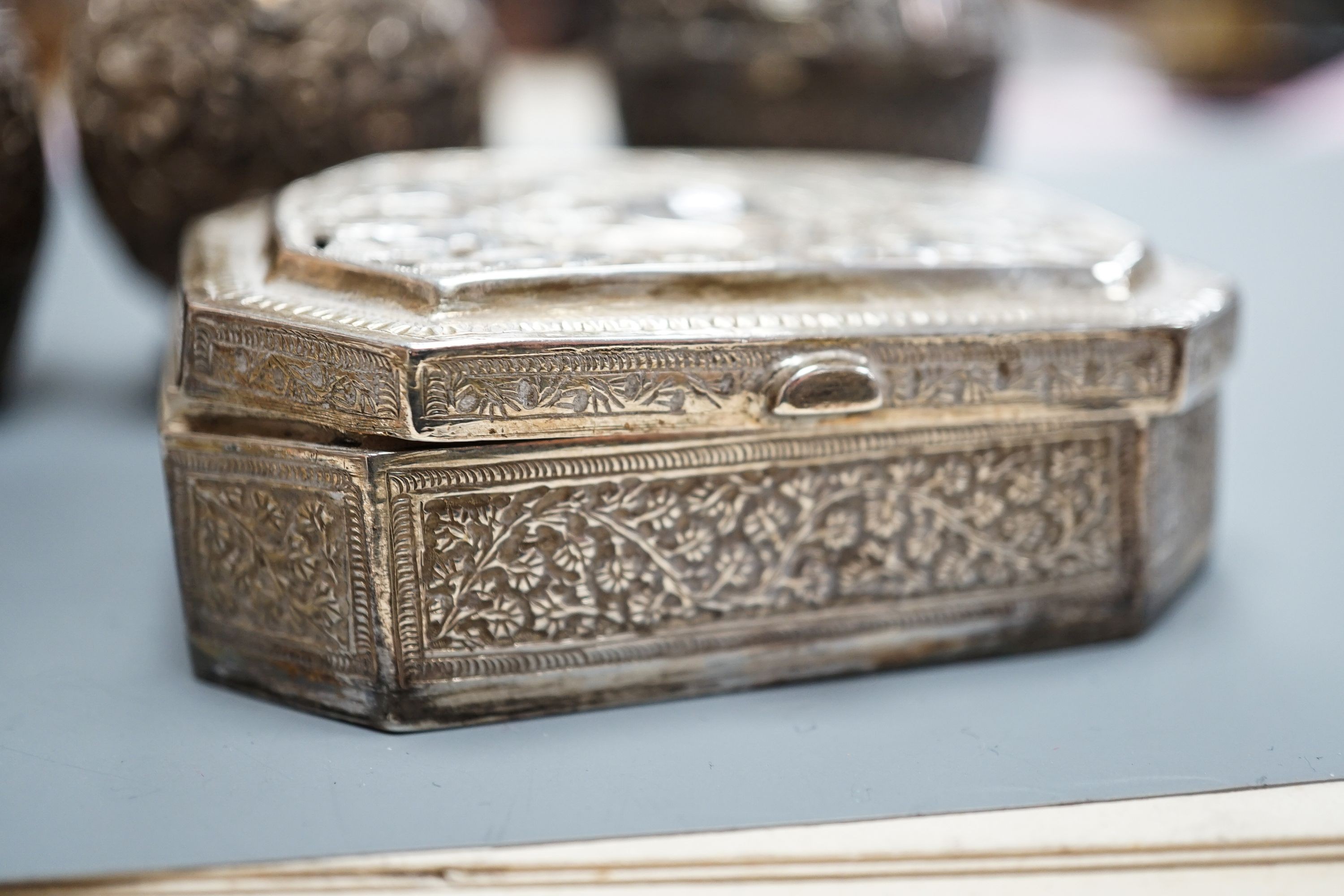 Two Indian white metal condiments and three other continental items including box with hinged cover.
